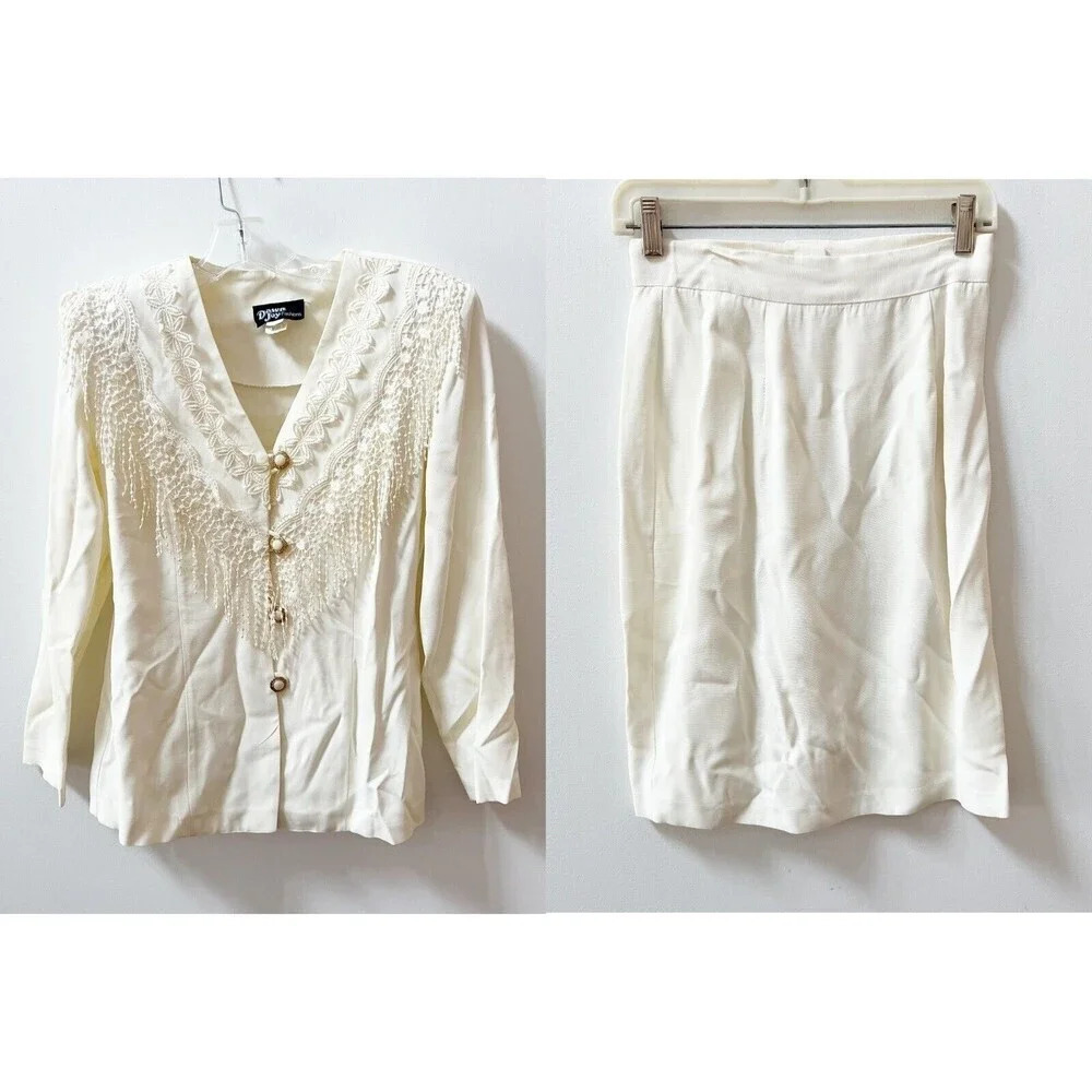 Vtg Dawn Joy 80s Womens Ivory Western Fringe Blazer Skirt Suit Set Sz Small